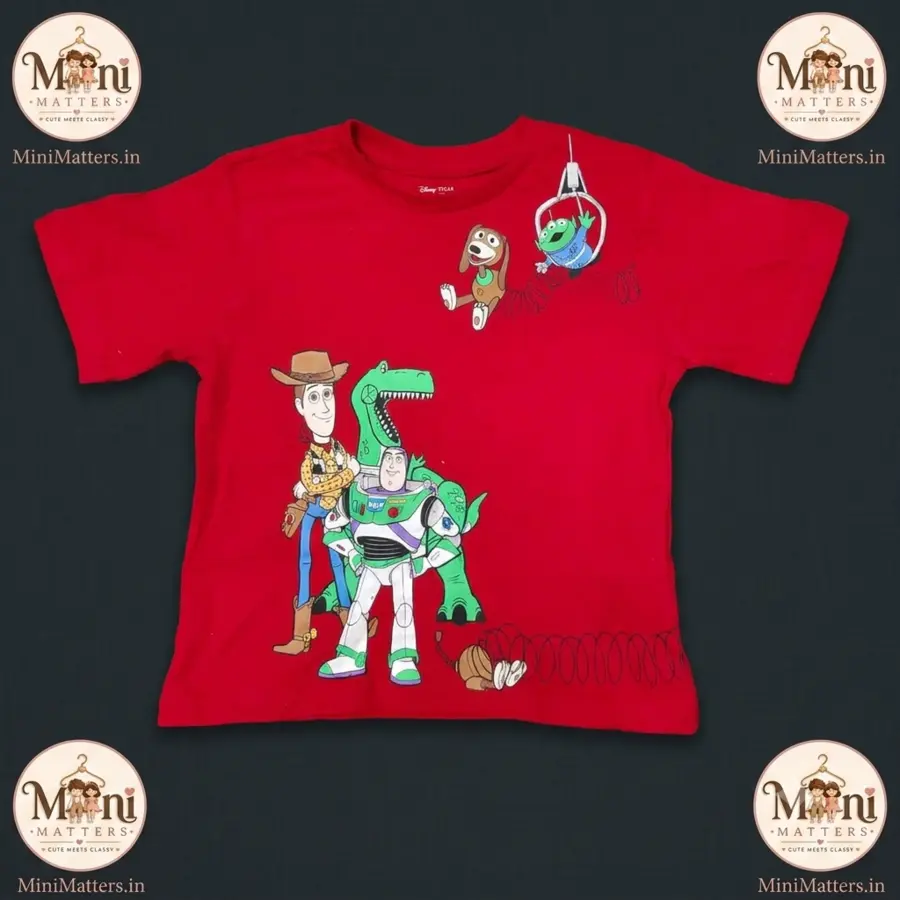 Disney Pixar Toy Story red kids t-shirt featuring Woody, Buzz and Rex